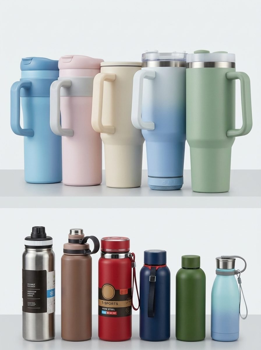 H2deek 40oz handled insulated tumblers in pastel colors on the Yiwu showroom shelf — real factory-direct drinkware range