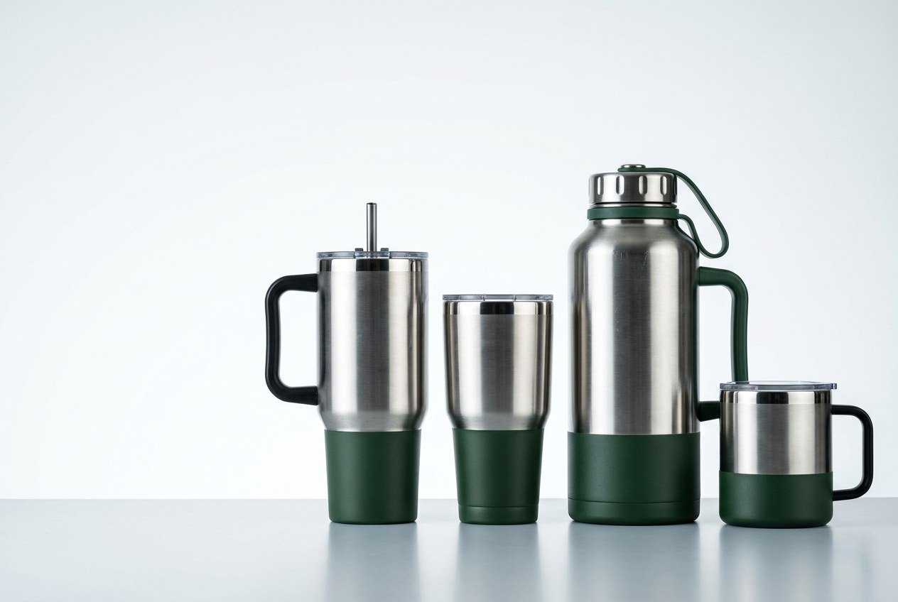 H2deek stainless-steel insulated drinkware lineup — 40oz handle, 30oz tumbler, 64oz jug, coffee mug in brushed steel and forest green